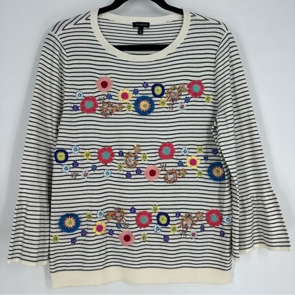 TALBOTS Floral Row Crewneck Stripes Embroidered Floral Sweater Multi-color Sz M - Picture 2 of 7